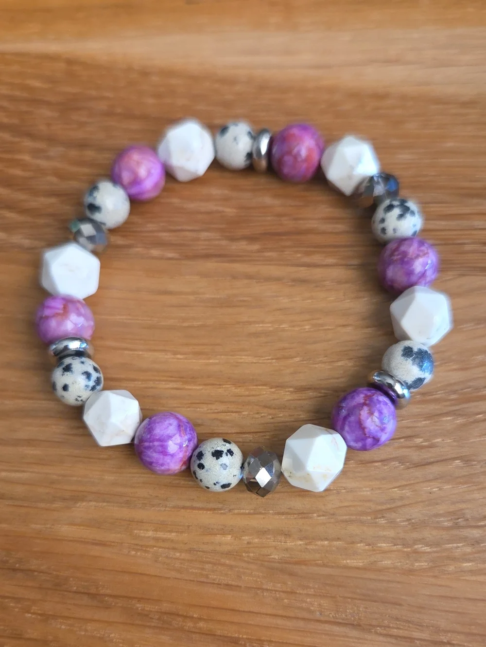 Stretch Bracelet | Pink Crazy Lace Calcite, White Turquoise & Dalmatian Jasper